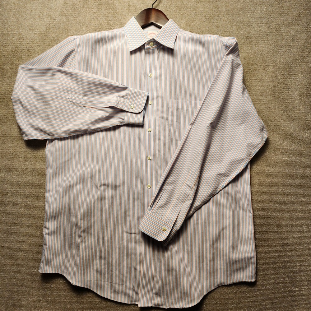 Brooks Brothers Dress Shirt Mens 17 35 Blue Orange Striped Non-Iron Cotton - Picture 2 of 7